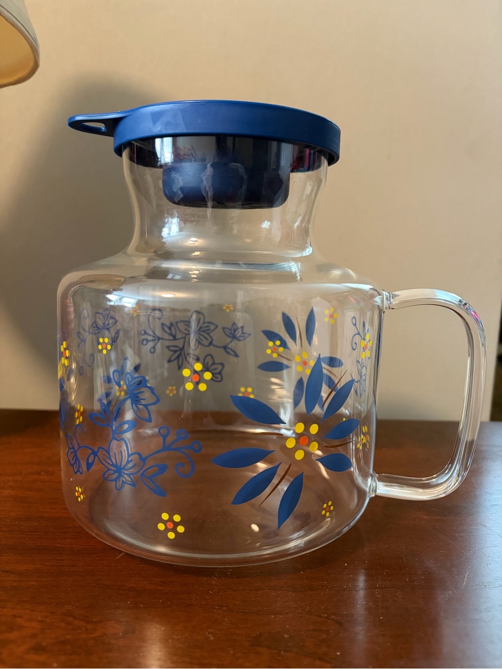 Temptations Blue & Yellow Floral Glass Pitcher with Blue Lid